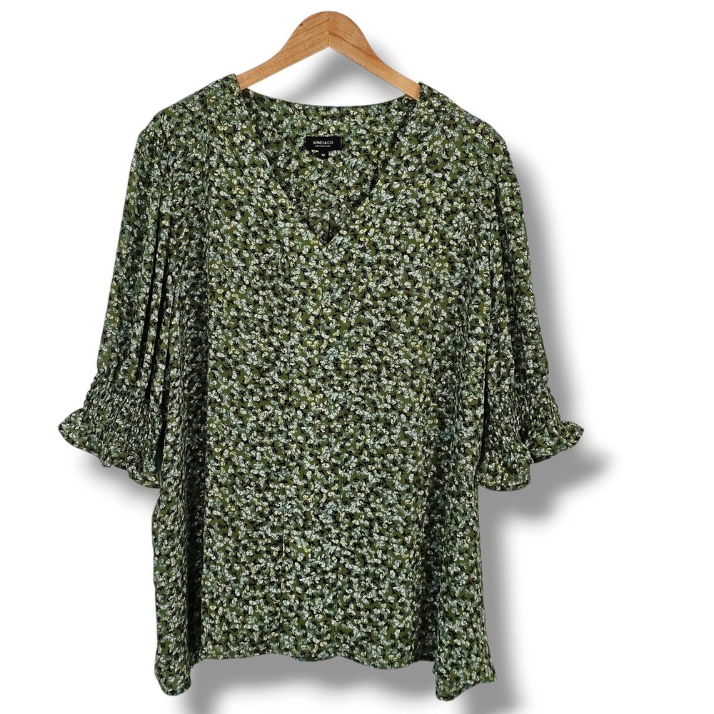 Jones New York Top 3X Women Green Floral Smocked Sleeve Pullover Feminine Office